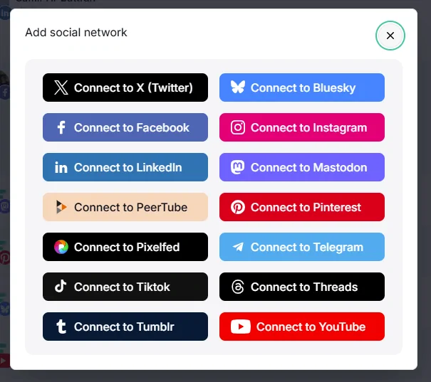Fedica's Add social network dialog, showing connect buttons for X (Twitter), Bluesky, Mastodon, Pixelfed and other platforms