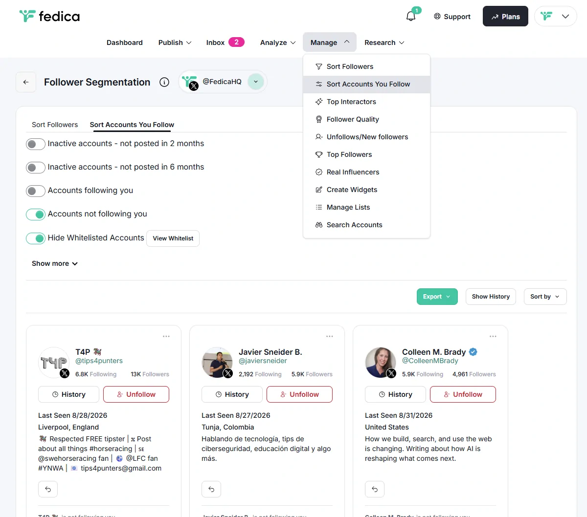 Fedica's Sort Accounts You Follow page with the Accounts not following you filter switched on, listing accounts that do not follow back