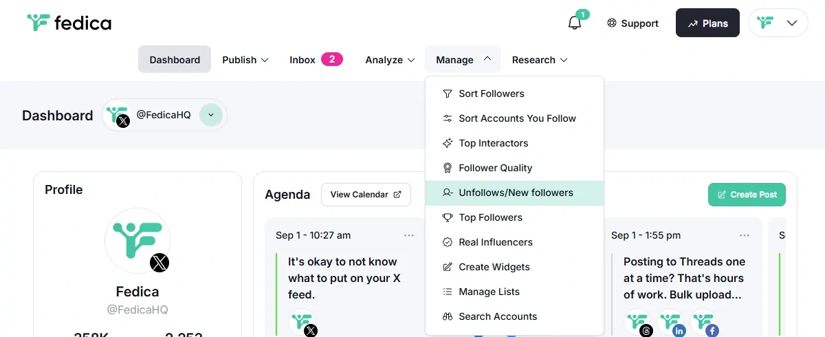 Fedica dashboard with the Manage menu open and Unfollows/New followers highlighted