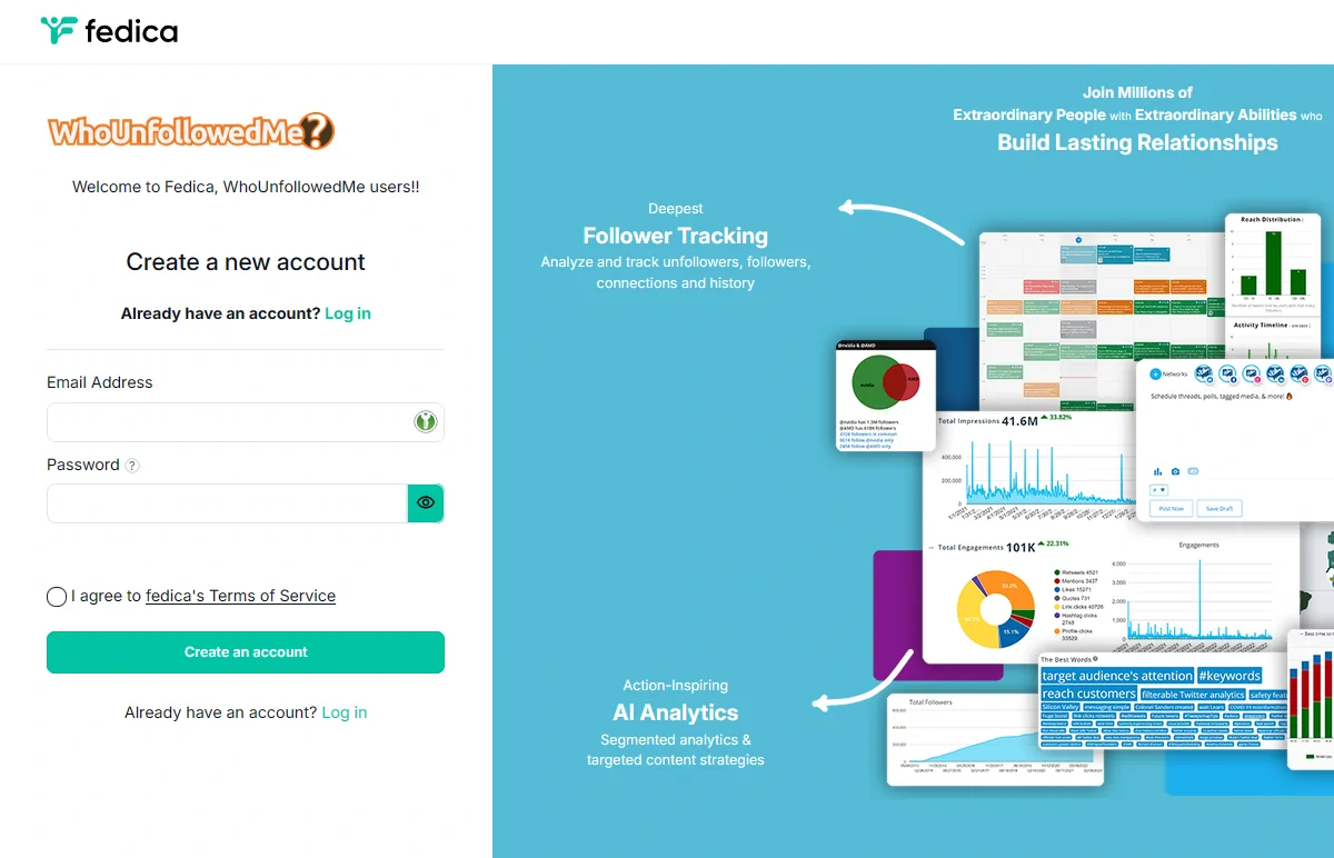 Fedica's Create a new account page, branded for Who Unfollowed Me users, with email address and password fields